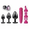Sex Toy Kits 3Pc Gun Metal & Pink Jeweled Butt Plug Set With Rabbit Vibe
