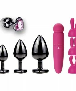 Sex Toy Kits 3Pc Gun Metal & Pink Jeweled Butt Plug Set With Rabbit Vibe