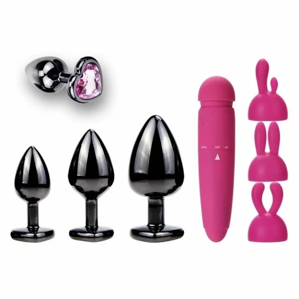 Sex Toy Kits 3Pc Gun Metal & Pink Jeweled Butt Plug Set With Rabbit Vibe 1 Sex Toy Kits 3Pc Gun Metal & Pink Jeweled Butt Plug Set With Rabbit Vibe
