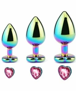PleasureStore 3 Pc Set Luxury Rainbow Metal Pink Heart Butt Plug Anal Trainer Kit